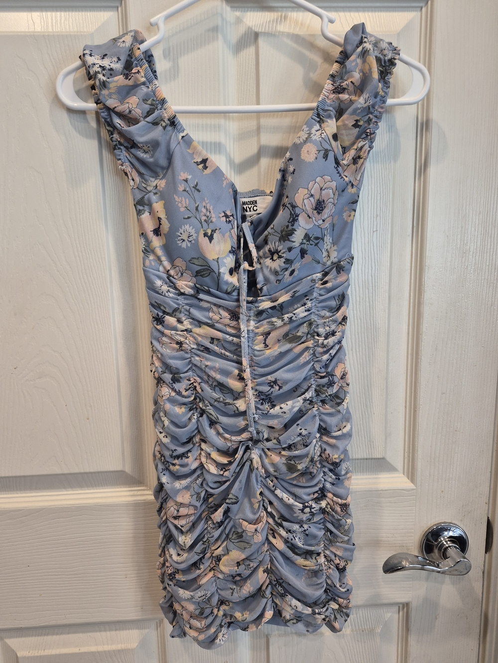 Ruched Floral Midi Dress in Light Blue